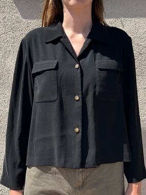 Vintage Black Button-Front Blouse with Patch Pockets